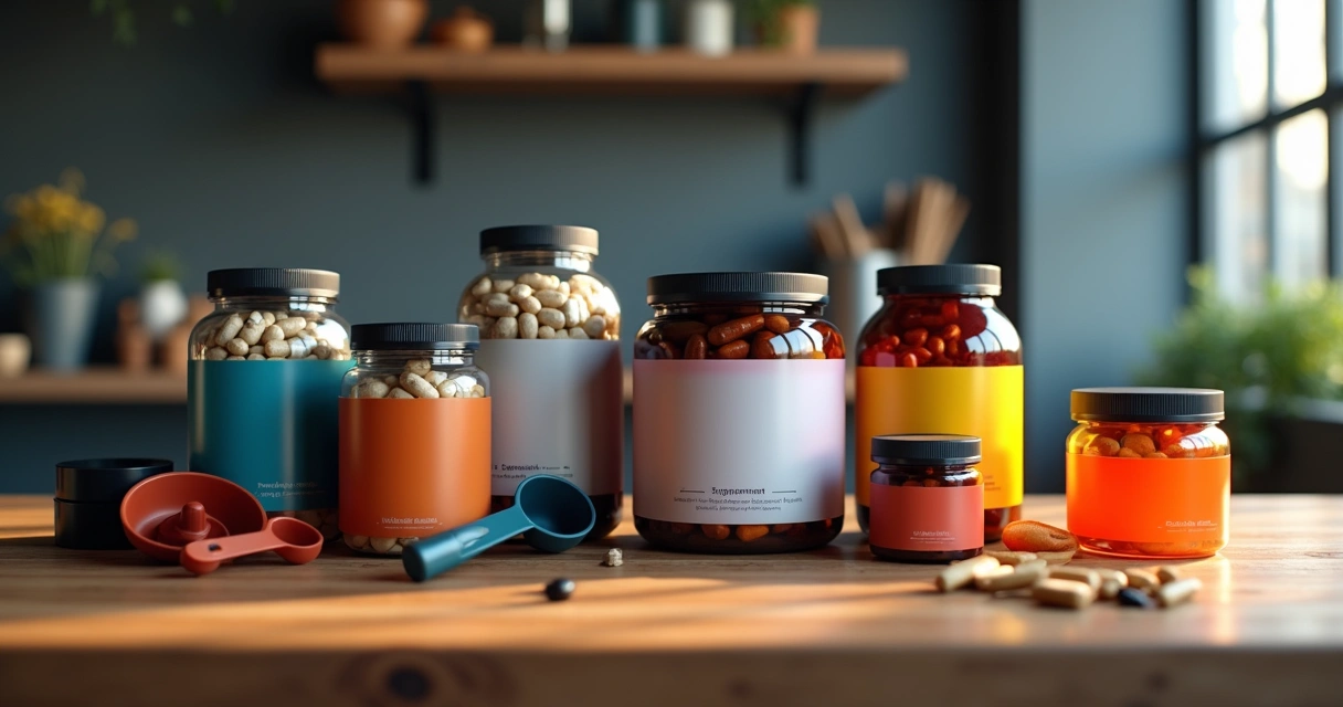 Potes variados de suplementos e acessórios de treino organizados em uma bancada 