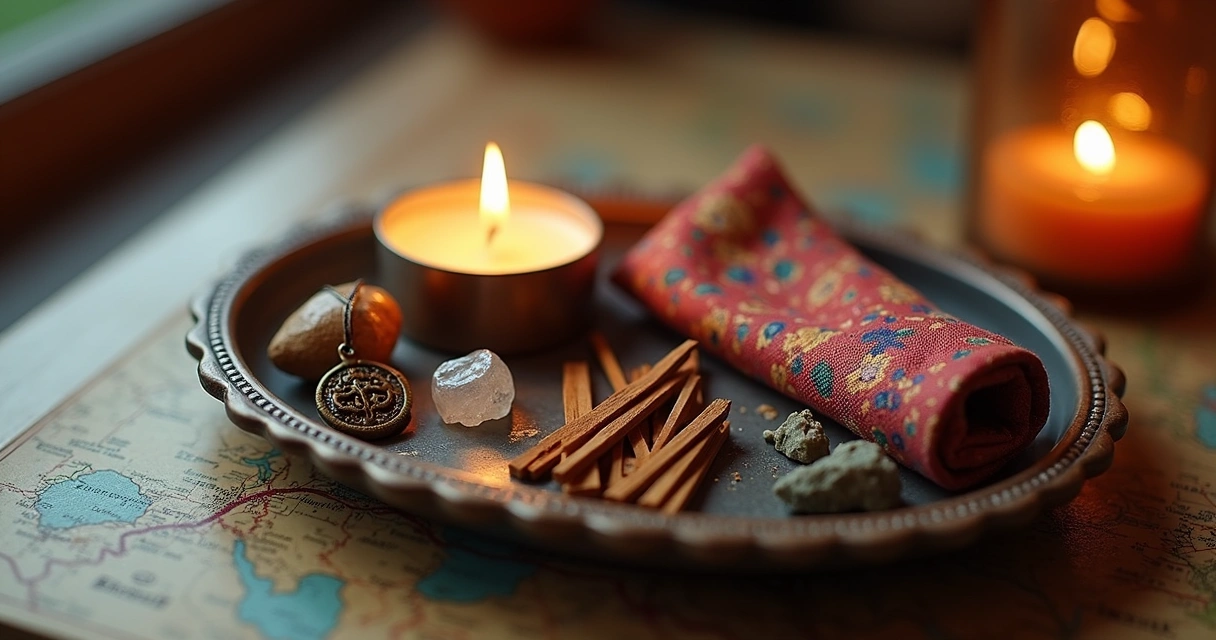 Kit compacto de viagem com velinha, mini imagem, cristais, incenso e saquinho de ervas 