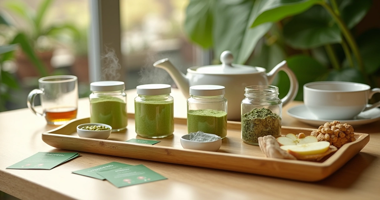 Mesa de madeira com kit de degustação de moringa organizado em bandeja 