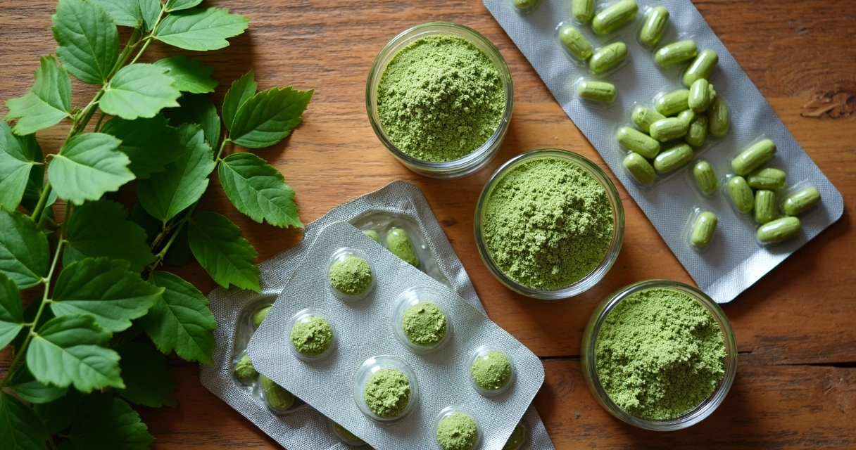 Kit de degustação de moringa em embalagens de pó, cápsulas e folhas