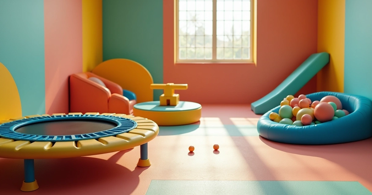 Kit de brinquedos com cama elástica, piscina de bolinhas e gangorra coloridas juntas em ambiente interno