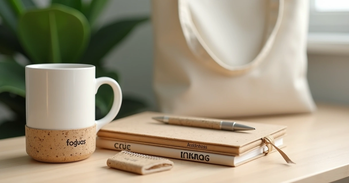 Kit ecológico corporativo com caneca de bambu, caderno de papel reciclado e ecobag de algodão 