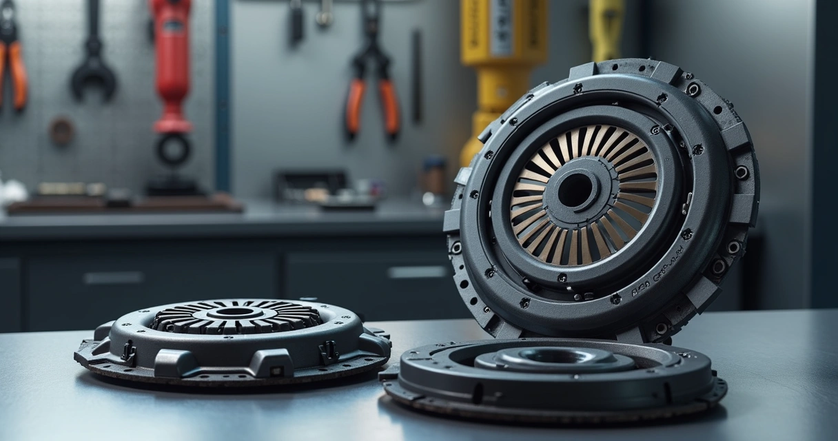 Conjunto de kit de embreagem automotiva sobre bancada de oficina, com disco, platô e rolamento alinhados, fundo desfocado de ferramentas e ambiente de mecânica 