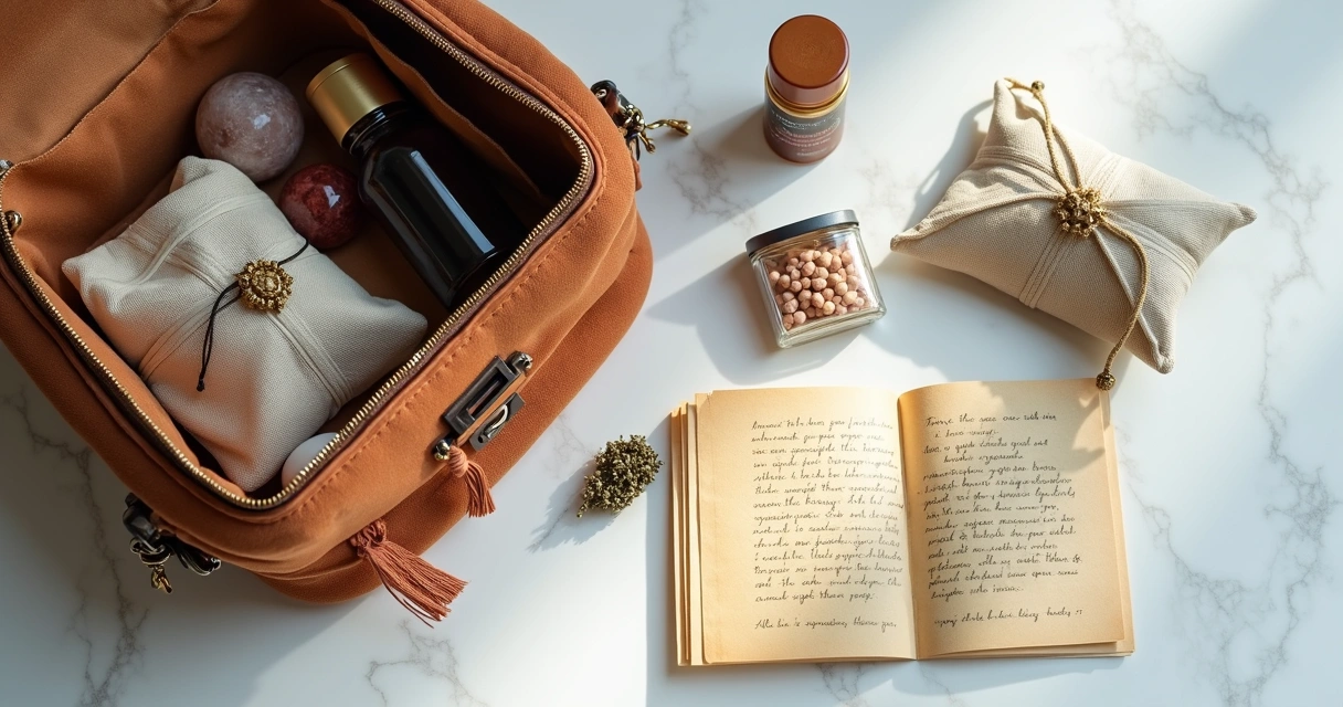 Itens organizados de kit energético em bolsa feminina