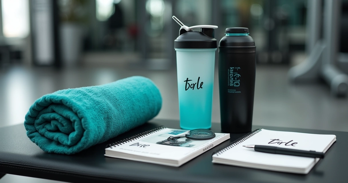 Kit fitness personalizado sobre bancada de academia 