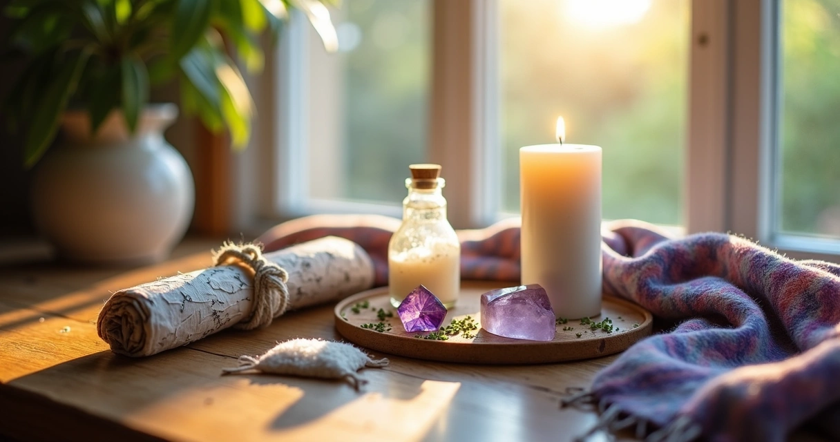 Itens espirituais sobre um tecido colorido 