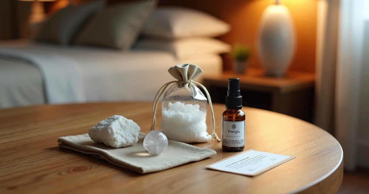 Kit de limpeza energética portátil sobre mesa de hotel