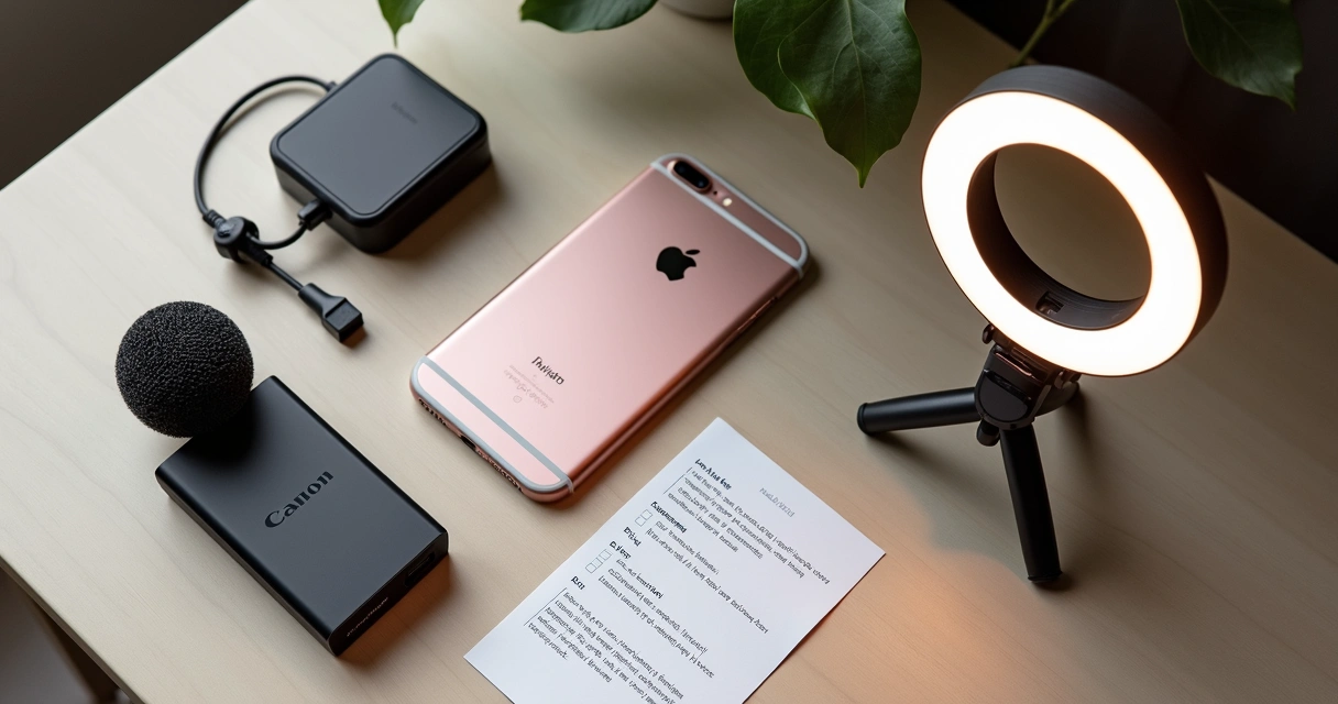 Kit com luz, microfone e celular. 