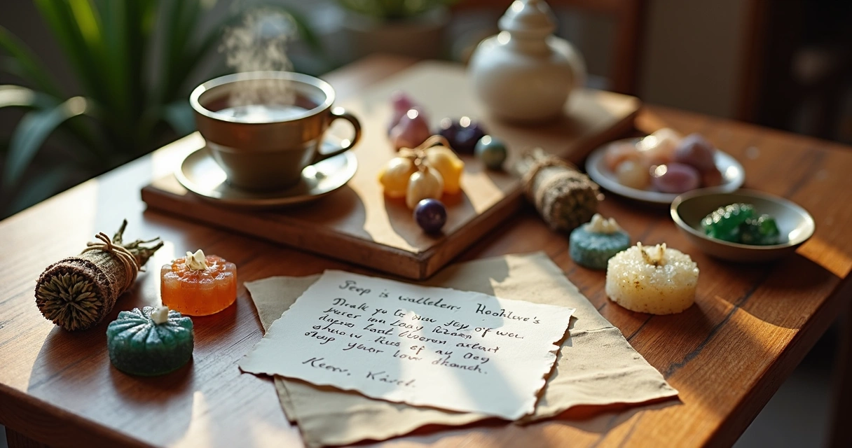 Kit espiritual com cristais, velas, ervas e anotações em mesa de madeira