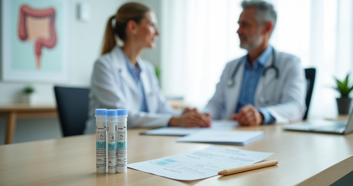 Kit de exame de sangue oculto nas fezes apoiado em mesa de consultório com médica explicando ao paciente 