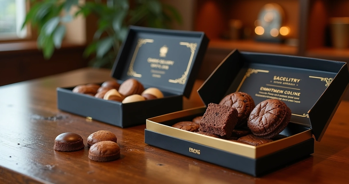 Kit executivo com caixas luxuosas de brownies e cookies premium sobre mesa de madeira elegante 