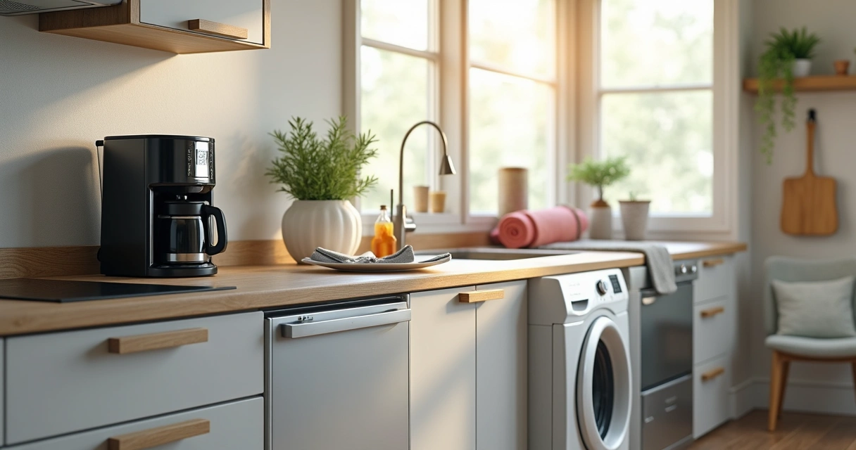 Utensílios e eletrodomésticos modernos organizados na cozinha de uma casa de temporada 