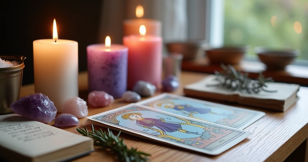 Itens de kit esotérico arrumados em uma mesa 