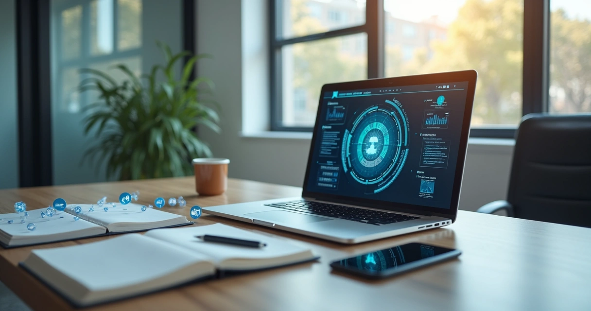 Mesa de trabalho com notebook, cadernos e símbolos de IA espalhados 