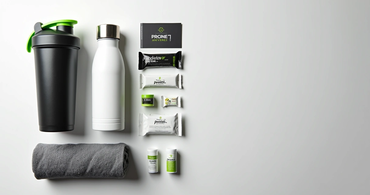 Itens de kit fitness organizados sobre bancada branca
