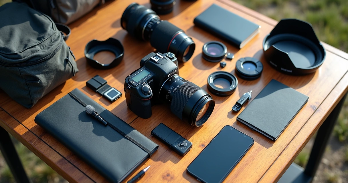 Equipamentos de fotografia organizados em uma mesa 