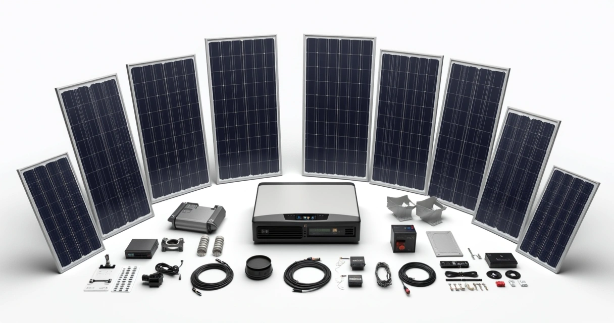 Componentes de um kit fotovoltaico em destaque 