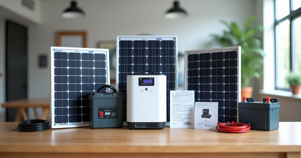 Kit fotovoltaico completo exibido sobre mesa 