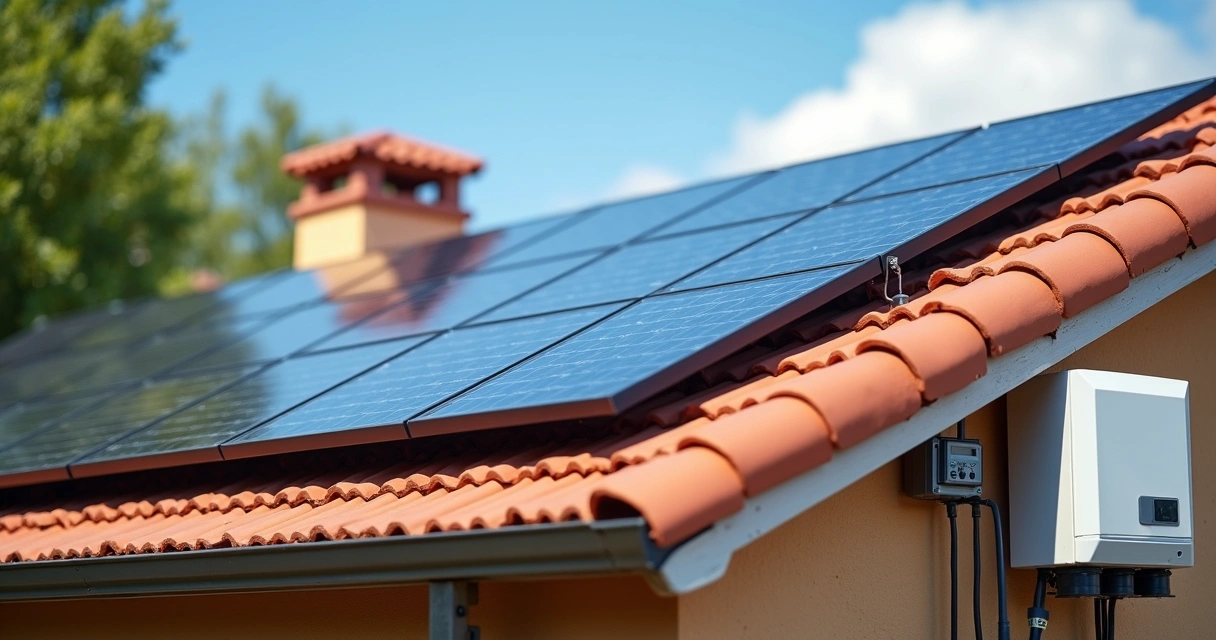 Kit fotovoltaico completo instalado no telhado de uma casa 