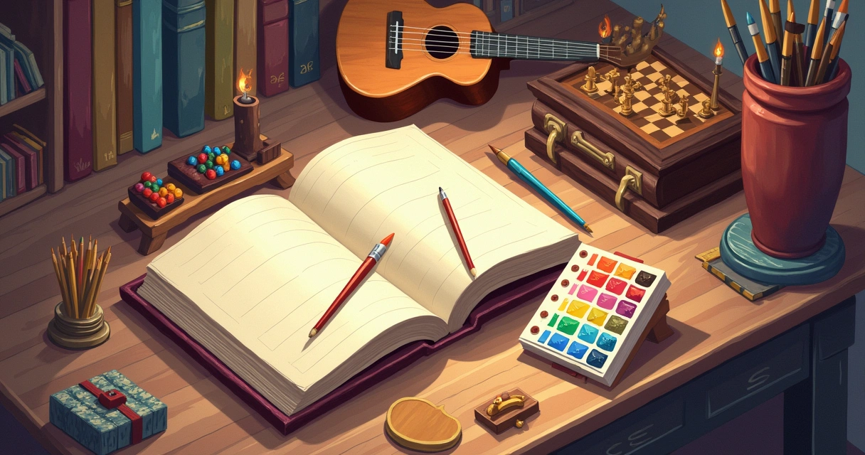 Kit de hobbies com livro, pincéis de pintura e instrumento musical
