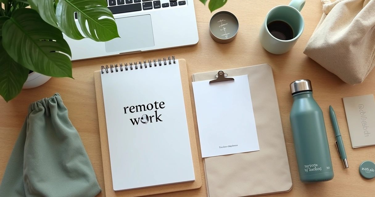 Kit de home office com caderno, garrafa e caneca na mesa 