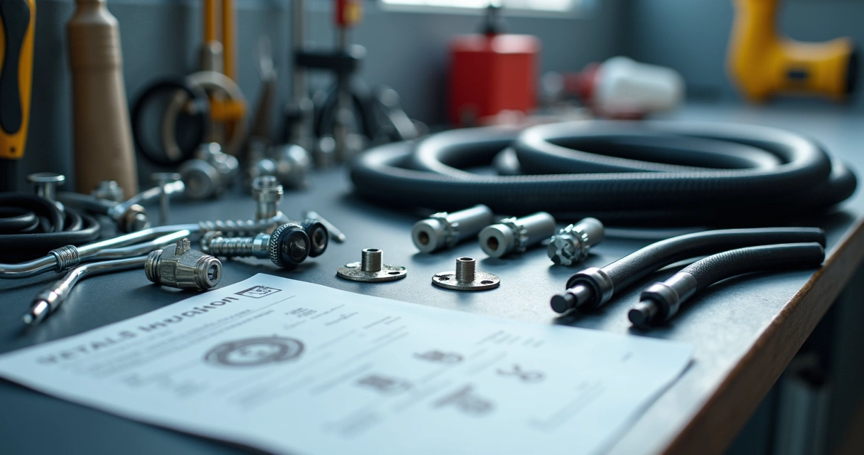 Kit de instalação pronto com peças e manual em bancada 