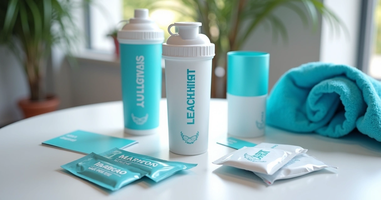Kit fitness com coqueteleira e suplemento promocional