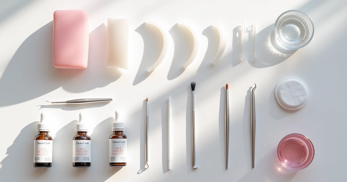 Kit profissional de lash lift organizado sobre bancada limpa 