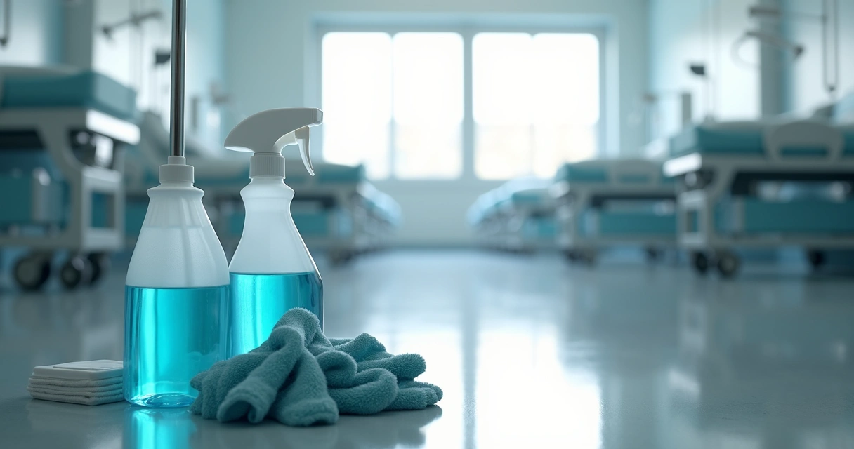 Kit de limpeza hospitalar com produtos e acessórios no chão de hospital 
