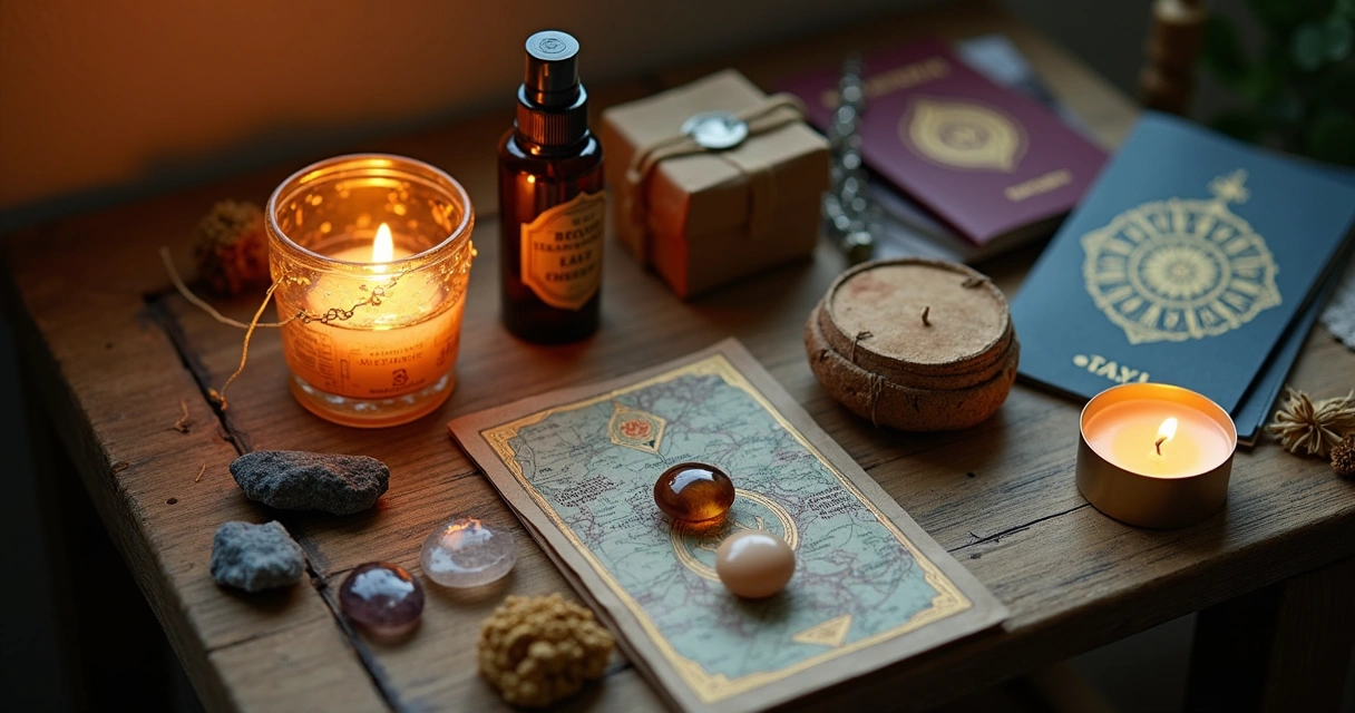 Itens de um kit místico, como amuletos, pedras, sprays, baralho de Tarot e vela sobre uma mesa pequena 