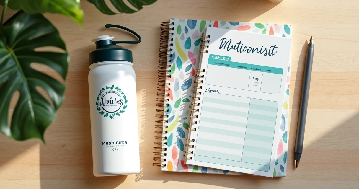 Kit personalizado para pacientes com garrafa, planner alimentar e coqueteleira em cima de uma mesa 