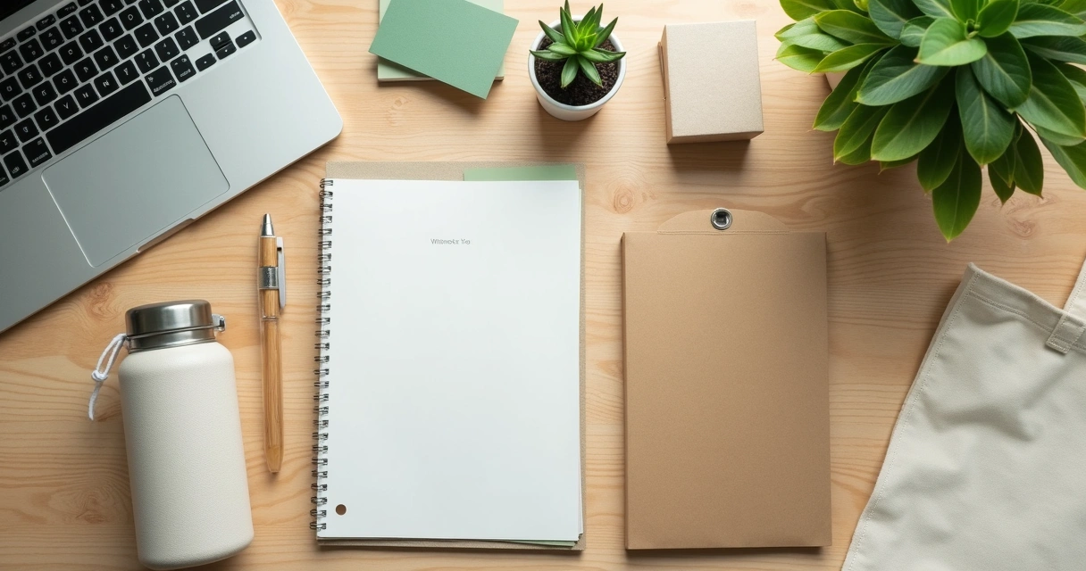 Kit de onboarding sustentável sobre mesa clara