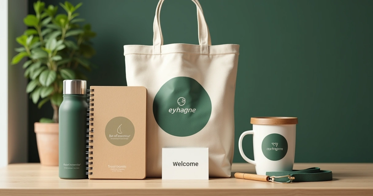 Itens de kit onboarding sustentável em uma mesa corporativa 