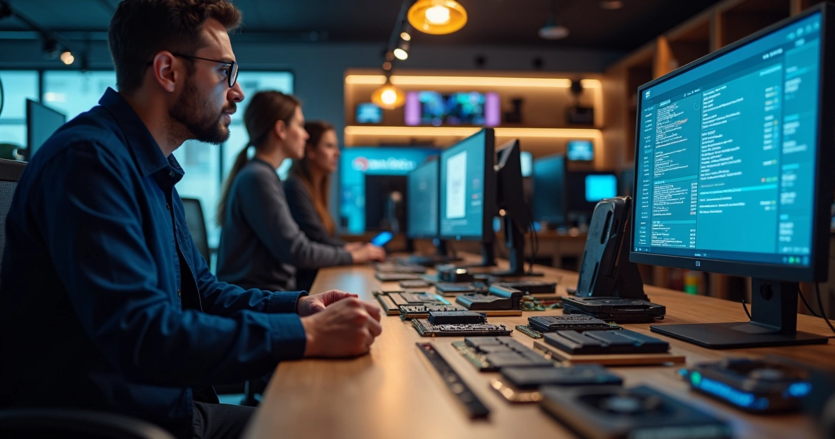 Componentes de um PC sendo montados em loja de informática 