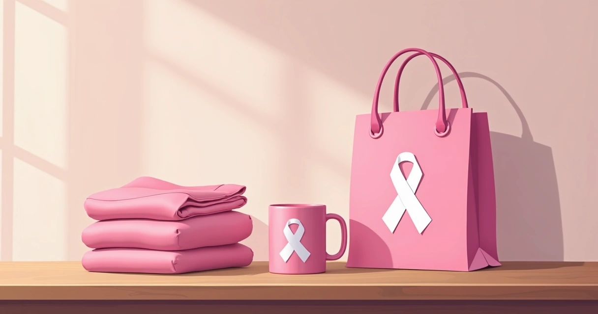 Kit de campanha outubro rosa com camiseta, caneca, ecobag e laço rosa dispostos sobre mesa 