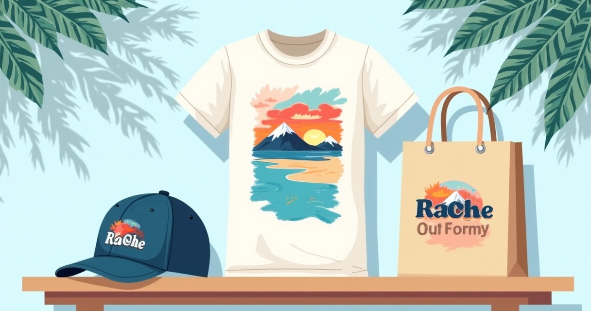 Kit de evento com camiseta estampada, boné e ecobag sobre mesa