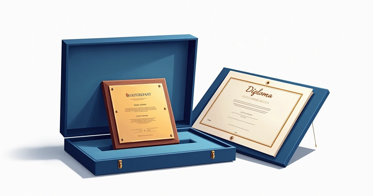 Kit com placa gravada, estojo azul e diploma corporativo em fundo branco 