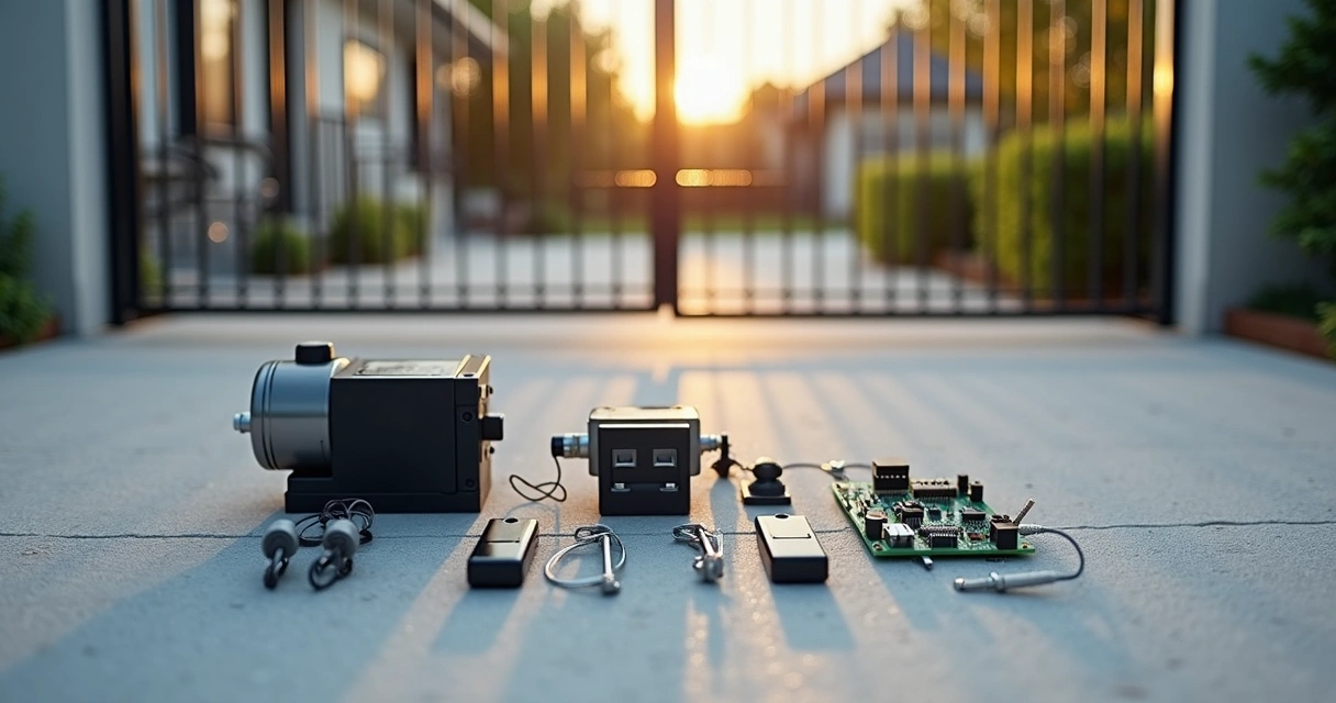Kit de portão eletrônico exposto ao lado de portão de correr residencial 