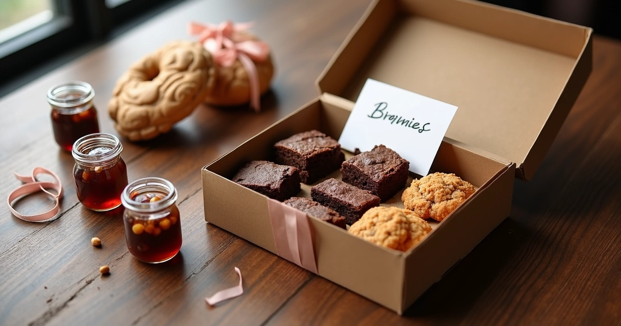 Kit de presente artesanal com brownies, cookies e pequenos complementos especiais 