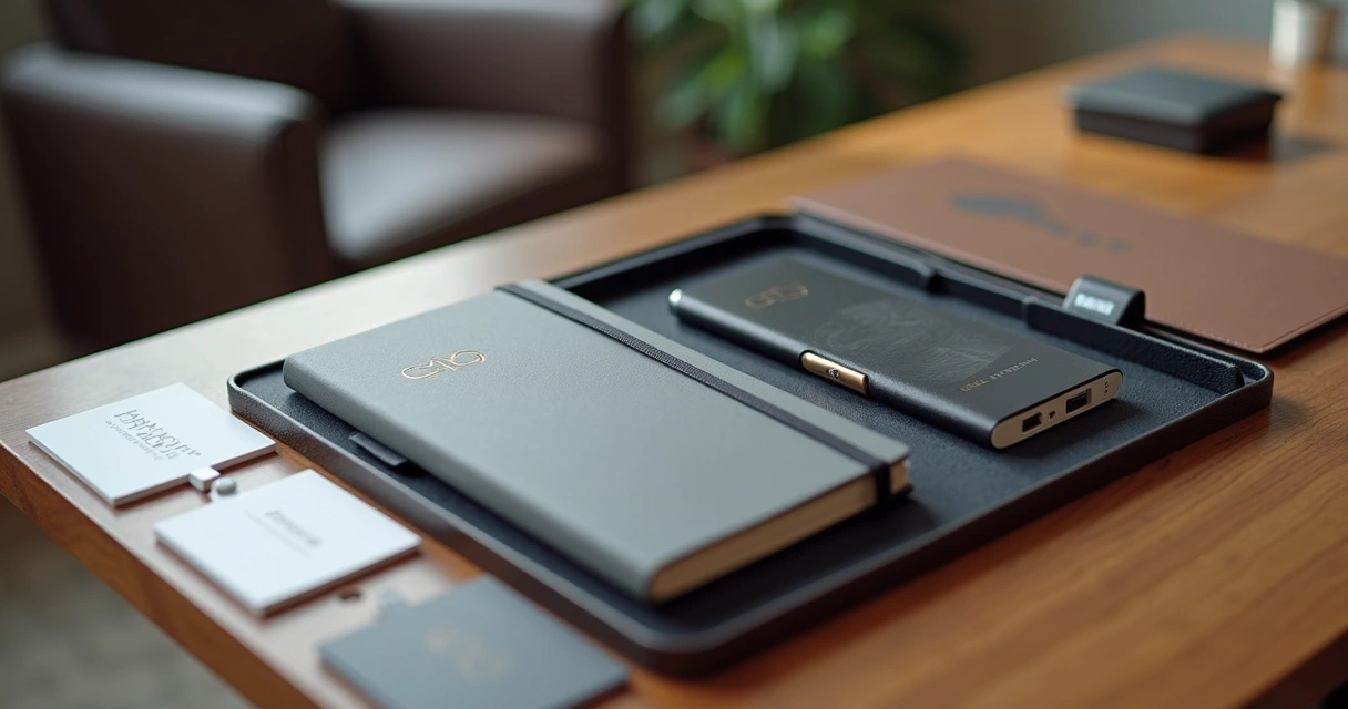 Kit de presente corporativo personalizado sobre mesa elegante 