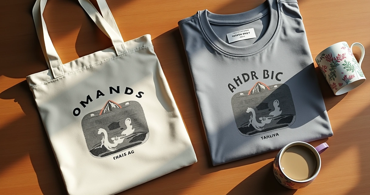 Kit presente com ecobag personalizada, camiseta dobrada e caneca temática lado a lado 