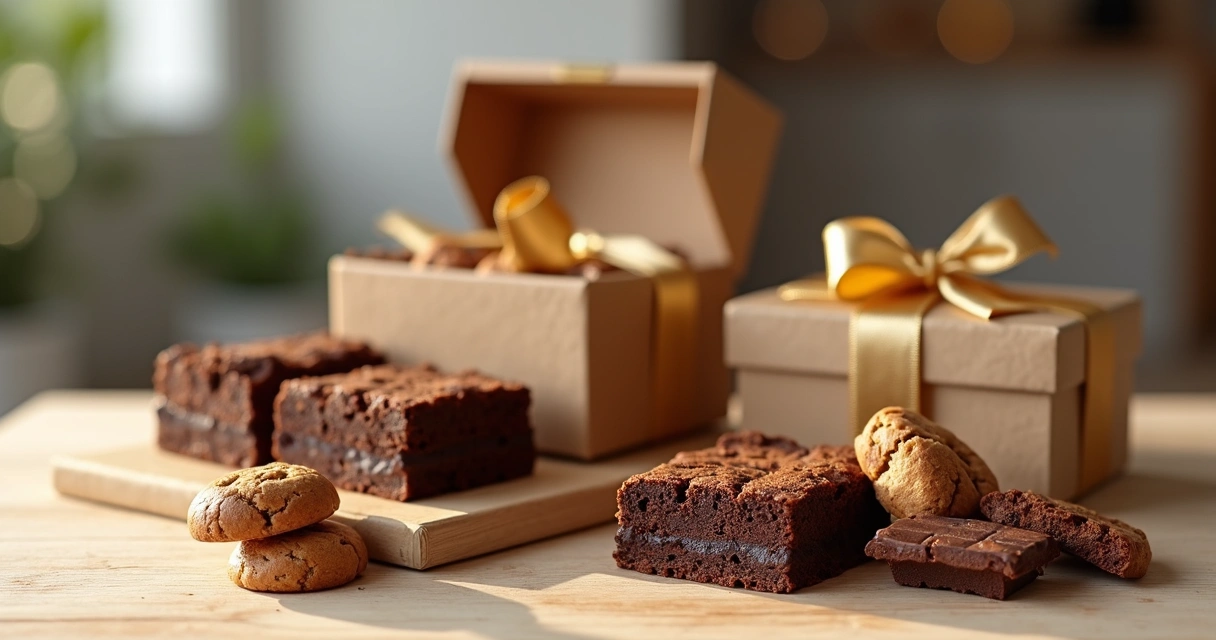 Kit de presentes premium com caixas artesanais contendo brownies e cookies sobre mesa de madeira clara 