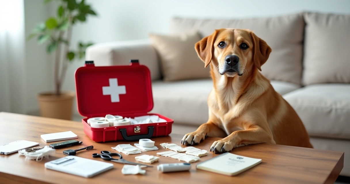 Cachorro ao lado de um kit de primeiros socorros canino organizado sobre a mesa 