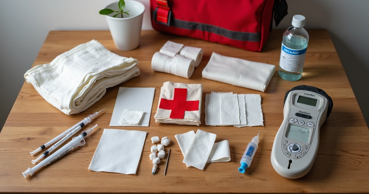 Itens do kit de primeiros socorros para cães organizados sobre a mesa 