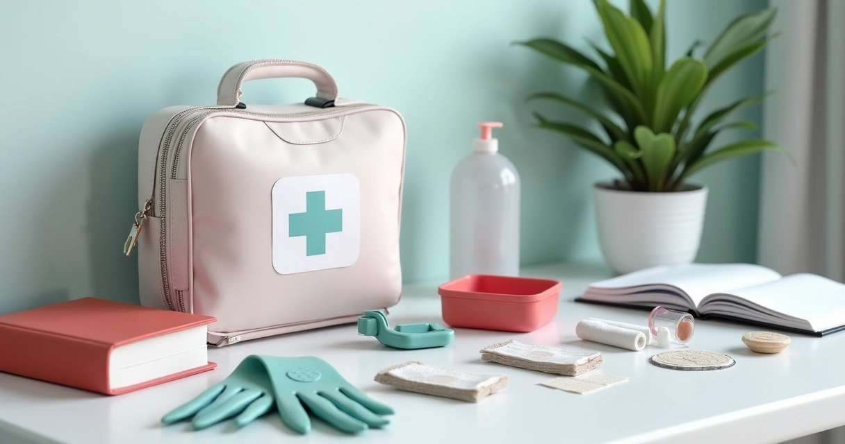 Itens de kit de primeiros socorros para pets organizados em bancada branca