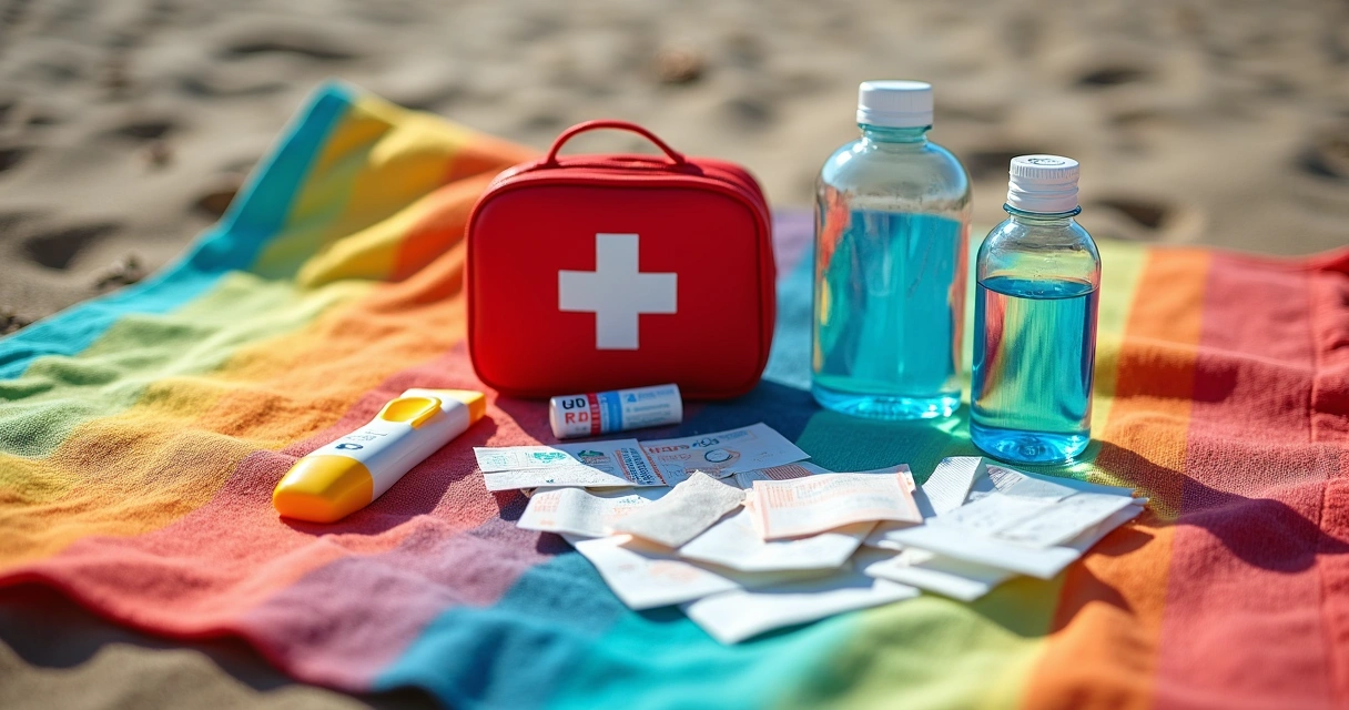 Kit de primeiros socorros infantil para praia em cima da toalha