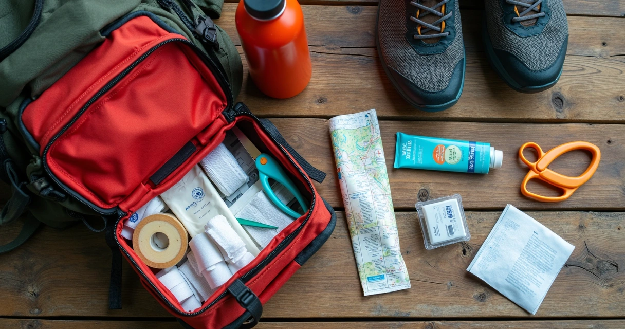 Kit de primeiros socorros aberto ao lado de mochila de trilha