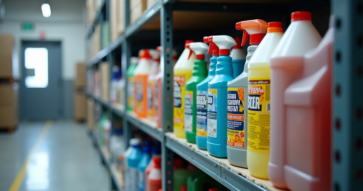Kit de produtos de limpeza industrial em embalagens coloridas 