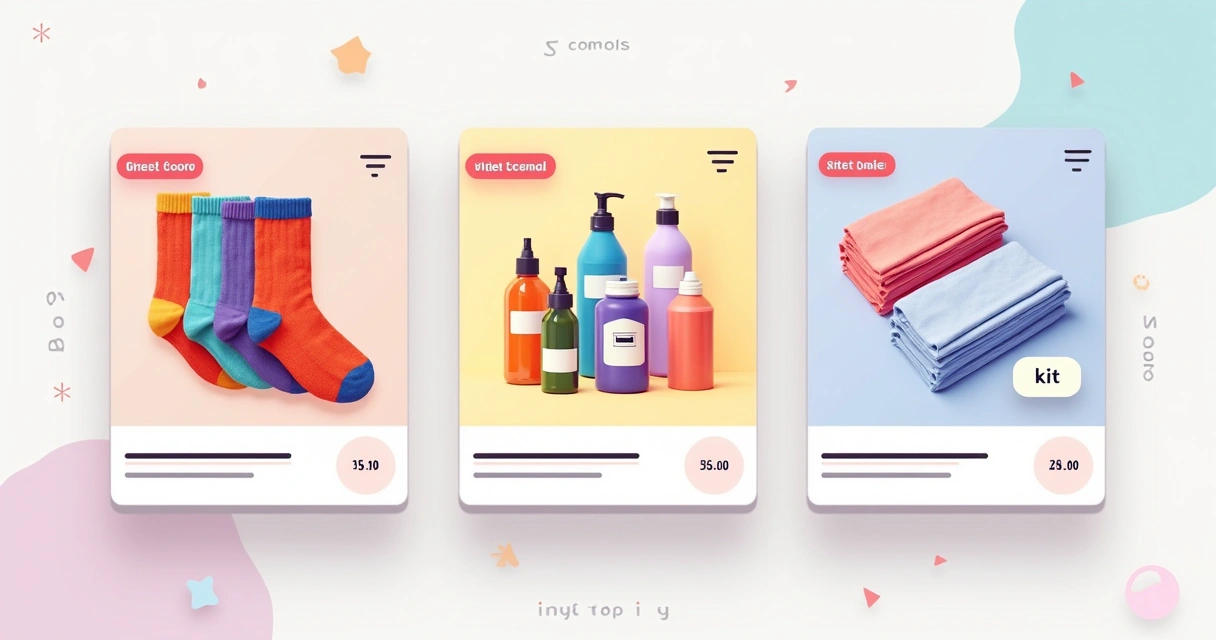 Anúncios de kits de produtos variados em marketplace