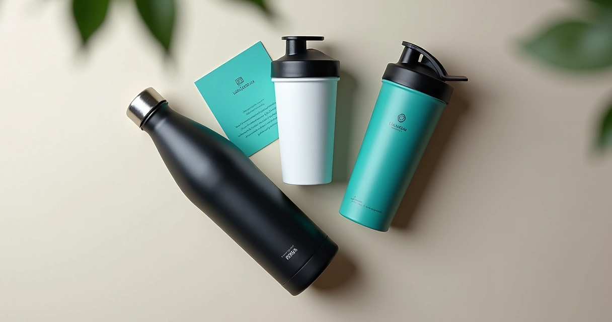 Kit promocional com garrafa térmica, copo e coqueteleira